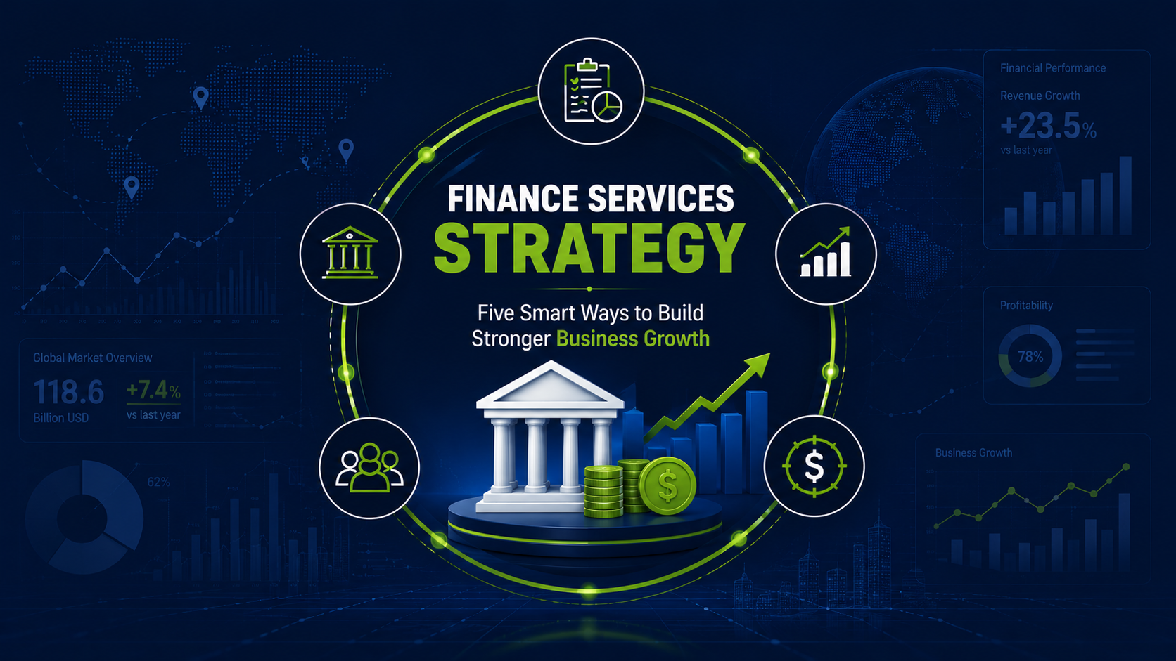 Professional finance services strategy banner featuring business growth analytics, operational consulting icons, financial planning visuals, and enterprise performance indicators in navy blue and primary green corporate branding colors.