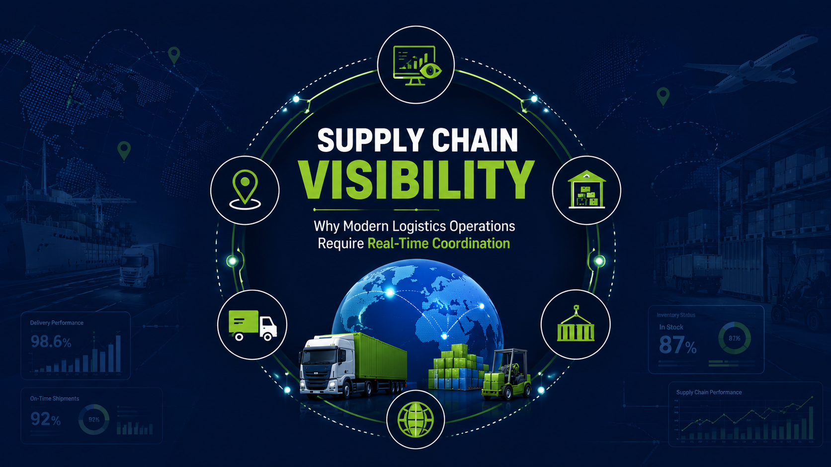 Professional supply chain visibility banner featuring logistics coordination icons, global transportation visuals, freight operations systems, and real-time supply chain analytics in navy blue and primary green corporate branding colors.