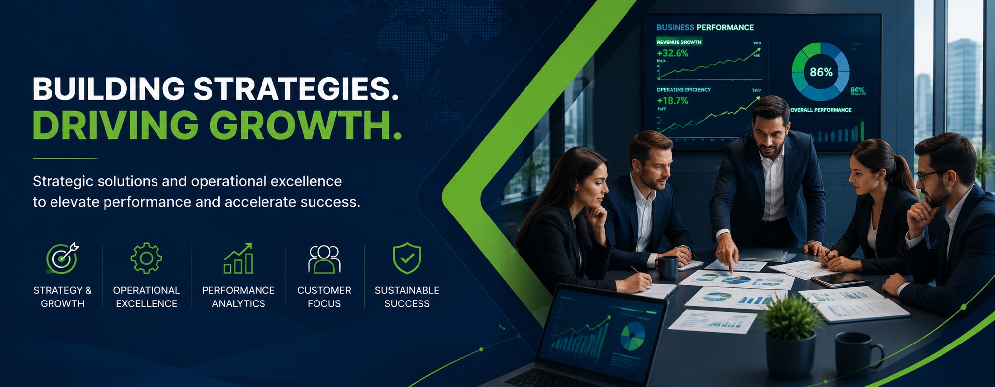 Executive business consulting team collaborating on strategic growth initiatives, operational excellence programs, customer-focused business transformation, performance analytics, organizational development, and sustainable growth planning within a modern enterprise environment featuring navy blue and primary green corporate branding.