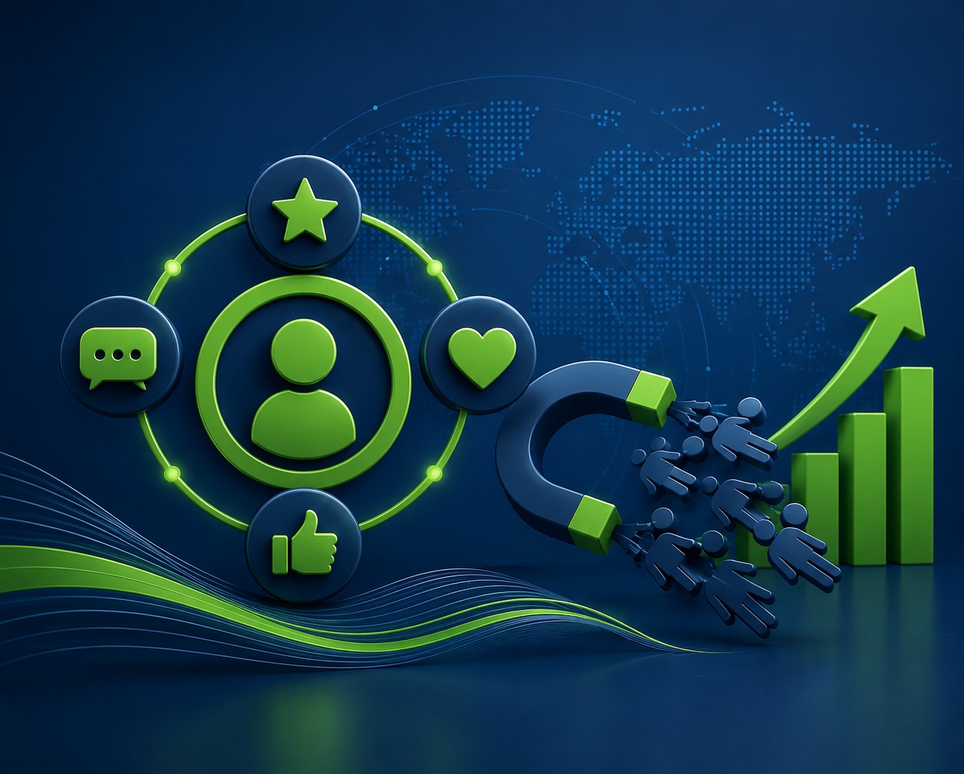 Customer experience illustration featuring customer engagement elements, relationship-building concepts, retention indicators, service excellence visuals, and market positioning graphics in InventicX navy blue and green corporate branding.