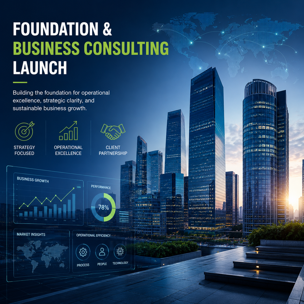 Foundation and business consulting launch visual featuring modern corporate skyscrapers, business growth analytics, strategic planning indicators, operational excellence metrics, and enterprise consulting concepts designed to represent the beginning of InventicX's business transformation journey.
