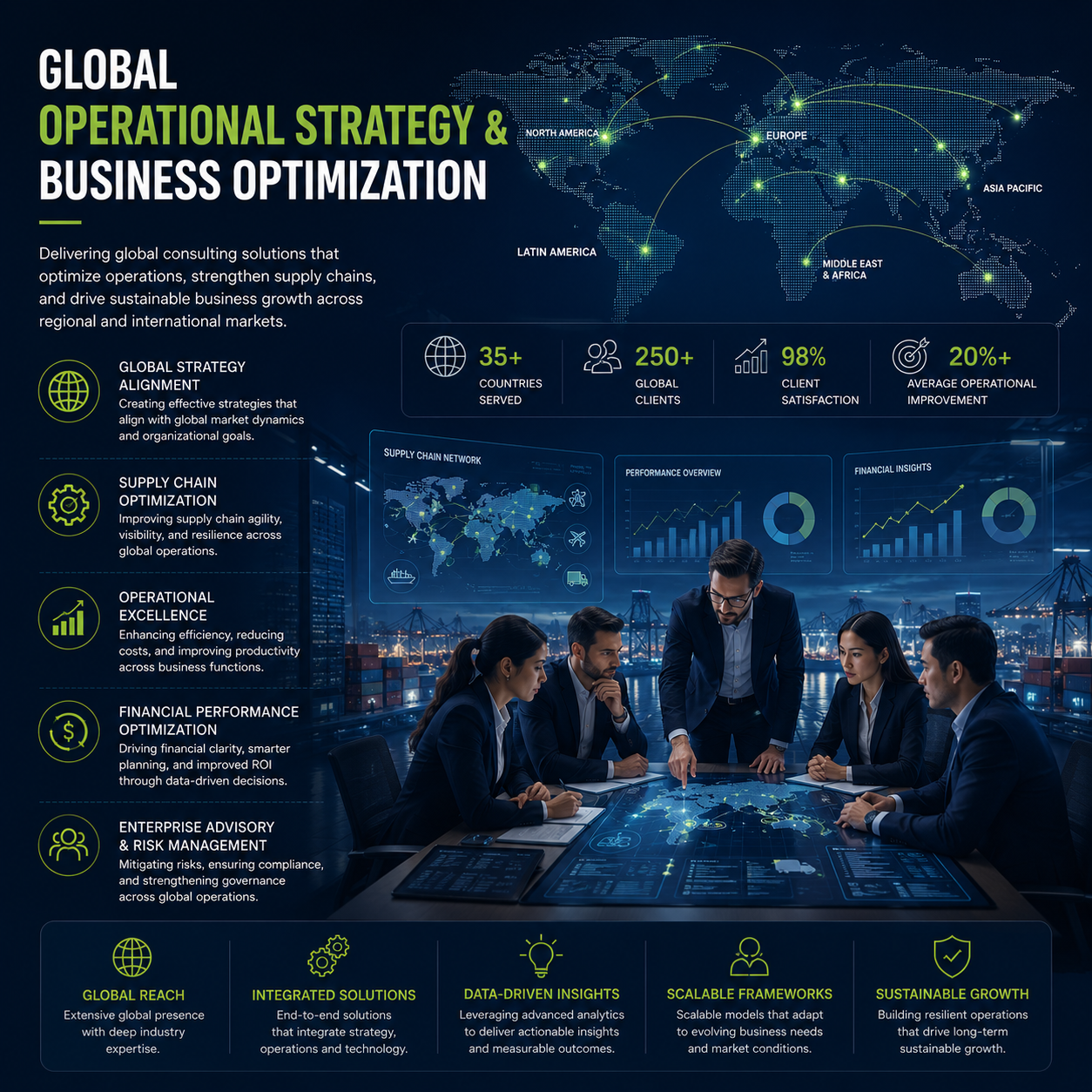 Global operational strategy and business optimization visual featuring international business connectivity, executive strategy planning, supply chain optimization, financial performance management, enterprise advisory services, and data-driven operational improvement initiatives across global markets.