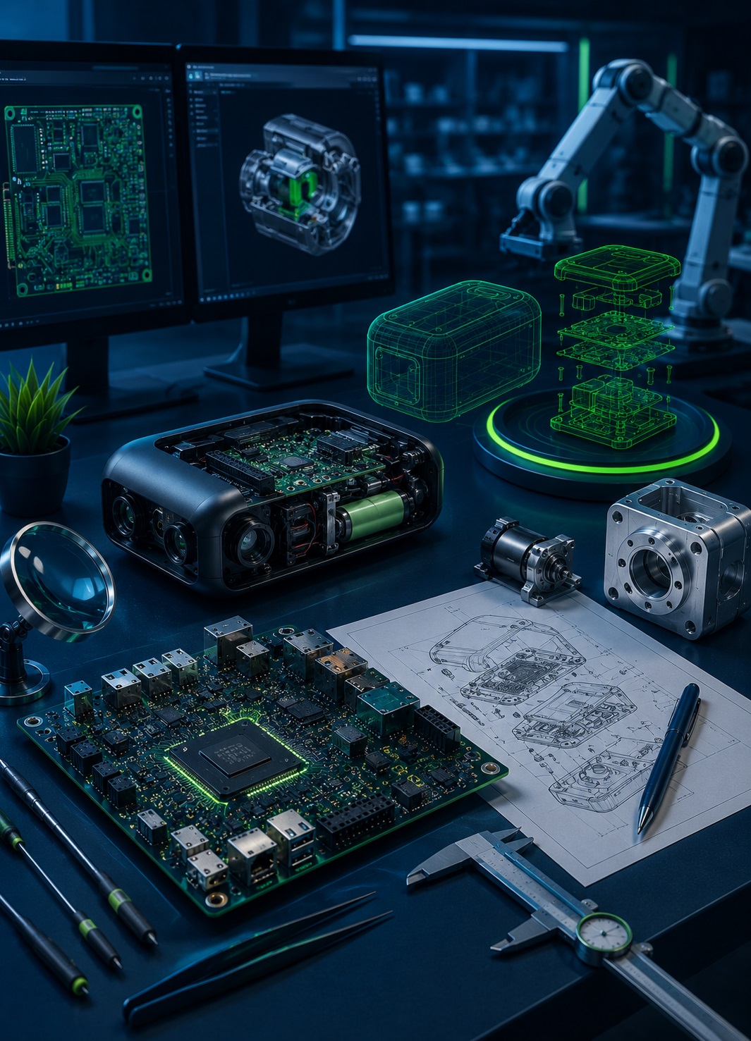 Hardware Engineering & Product Development Services for Advanced Technology Innovation Advanced hardware engineering and product development environment featuring PCB design, embedded electronics, product prototypes, engineering schematics, electronics testing equipment, mechanical components, industrial automation systems, and product engineering workflows in InventicX navy blue and green branding colors.