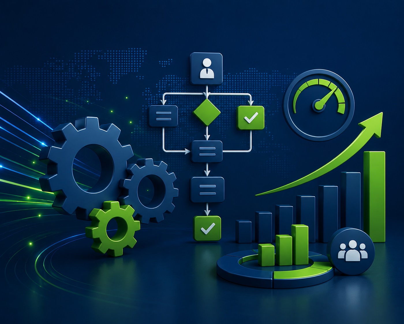 Operational efficiency illustration featuring workflow optimization processes, performance improvement indicators, organizational effectiveness frameworks, productivity enhancement visuals, and operational excellence concepts in InventicX navy blue and green branding.