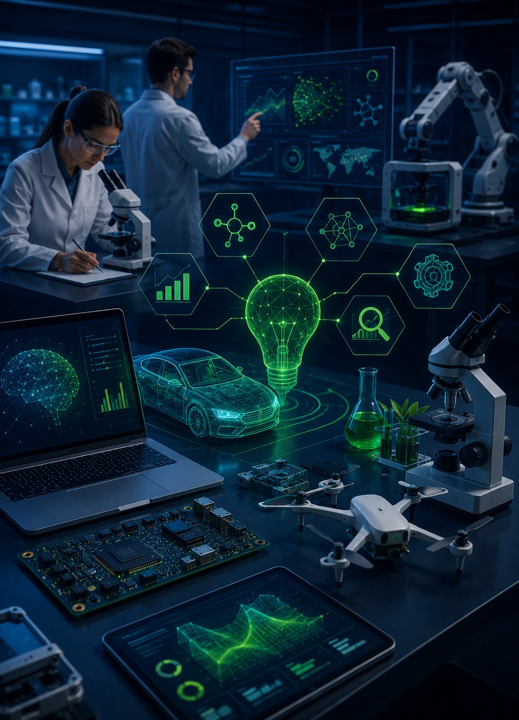 Research & Development (R&D) Services for Technology Innovation and Future-Ready Solutions Advanced research and development laboratory environment featuring technology innovation, engineering research, product development activities, data analytics, emerging technology evaluation, prototype testing, scientific research workflows, innovation management, and multidisciplinary R&D capabilities in InventicX navy blue and green branding colors.