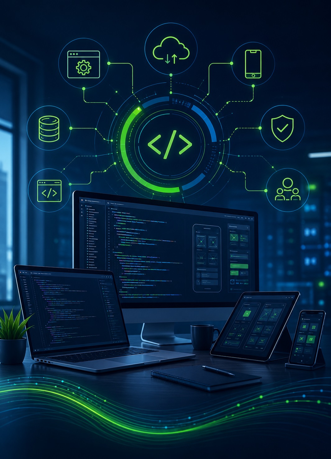 Software Design & Development Services for Enterprise Innovation and Digital Transformation Advanced software design and development environment featuring enterprise applications, cloud-based software platforms, mobile and web application interfaces, software architecture components, coding environments, development workflows, systems integration, and digital innovation technologies in InventicX navy blue and green branding colors.