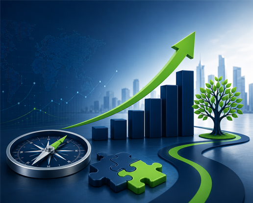 Strategic business growth illustration featuring upward performance trends, operational alignment elements, growth planning concepts, sustainability indicators, and enterprise expansion visuals in InventicX navy blue and green branding.