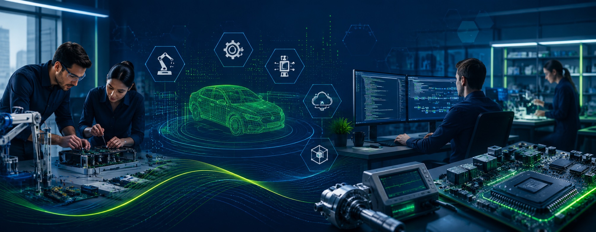 Technology Consulting, Engineering Innovation & Product Development Solutions Advanced technology consulting and engineering environment featuring software developers, hardware engineers, electronics design, product development workflows, research and development activities, digital innovation platforms, embedded systems, PCB engineering, and enterprise technology solutions in InventicX navy blue and green branding colors.
