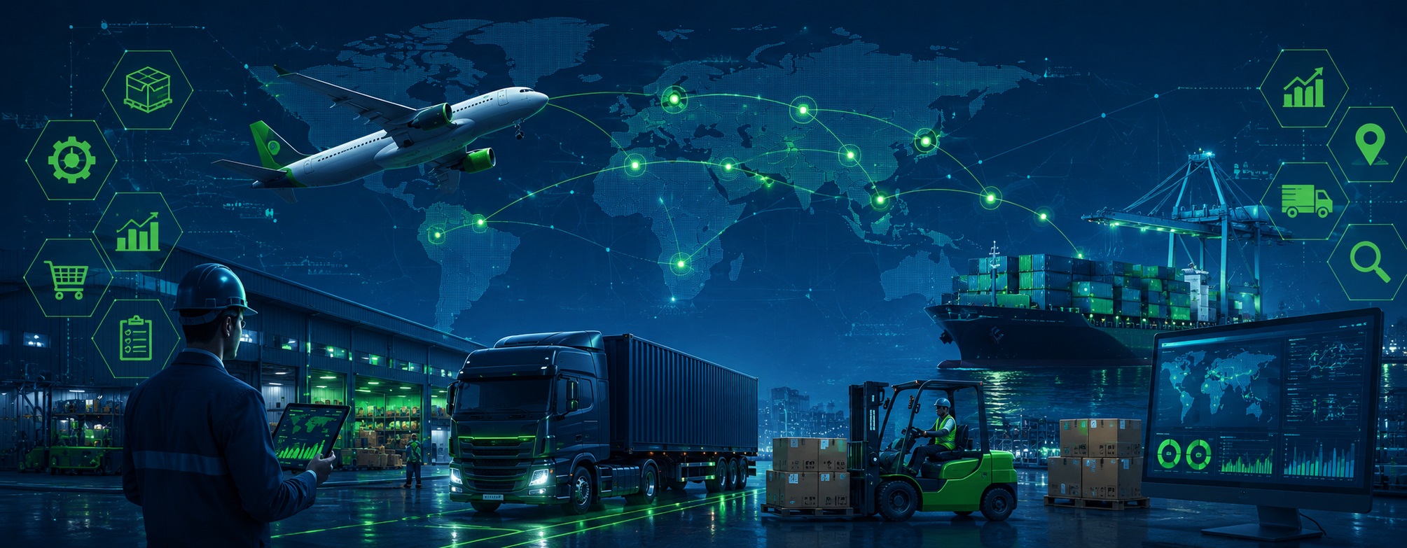 Advanced global supply chain consulting illustration featuring international logistics networks, air freight operations, ocean freight transportation, trucking networks, warehousing facilities, inventory management systems, procurement workflows, supplier coordination, operational analytics dashboards, and supply chain visibility technologies in InventicX navy blue and green branding colors.