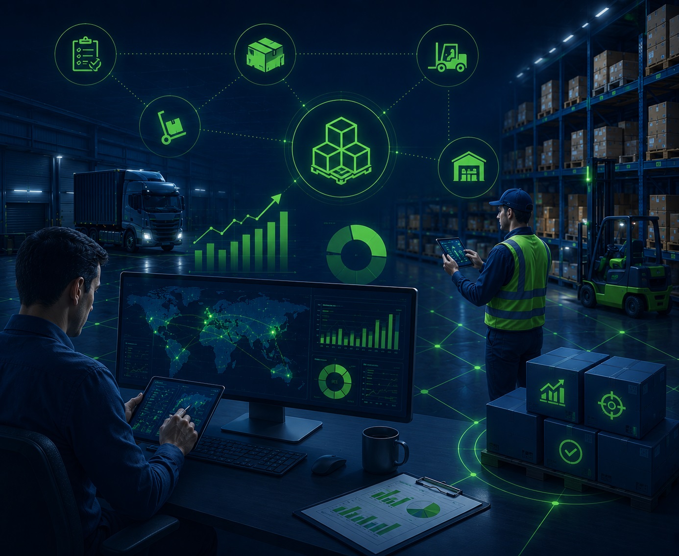 Advanced inventory optimization and operational efficiency illustration featuring warehouse inventory systems, forecasting dashboards, inventory analytics, stock positioning strategies, operational performance monitoring, supply chain planning tools, and warehouse management technologies in InventicX navy blue and green branding colors.