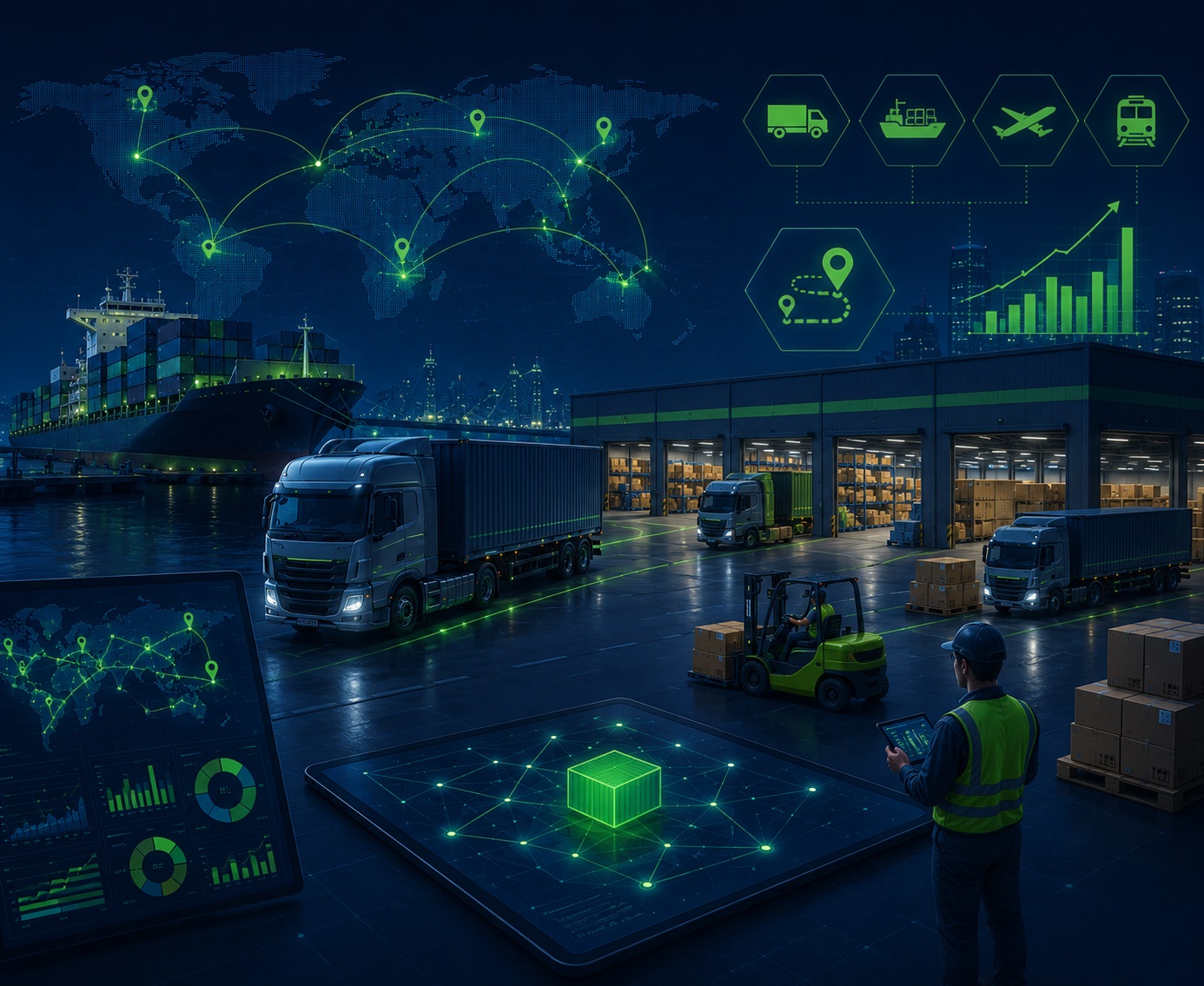 Advanced logistics and transportation illustration featuring global freight networks, trucking operations, warehousing facilities, cargo transportation, distribution centers, inventory movement systems, logistics analytics dashboards, and operational performance technologies in InventicX navy blue and green branding colors.