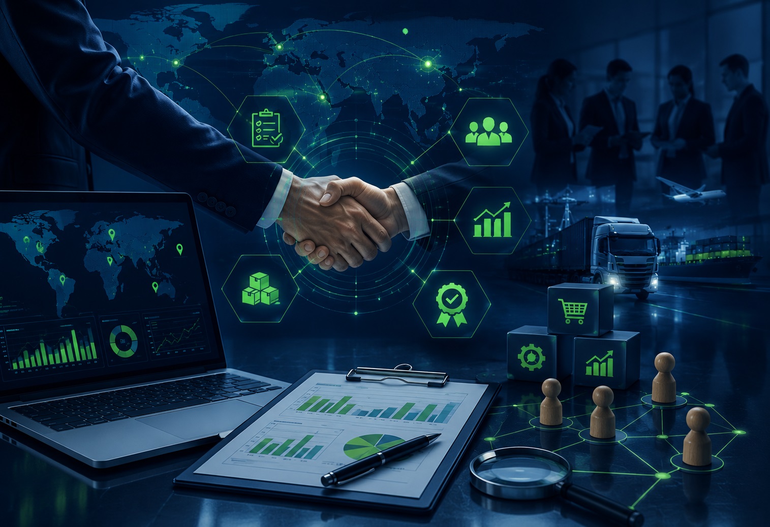Professional procurement and supplier performance illustration featuring strategic sourcing activities, supplier collaboration, vendor evaluation processes, procurement analytics dashboards, supplier relationship management, contract management concepts, performance monitoring systems, and global supplier networks in InventicX navy blue and green corporate branding colors.