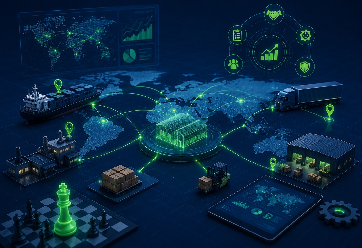 Advanced supply chain strategy and network optimization illustration featuring interconnected global logistics networks, distribution centers, transportation routes, supply chain analytics dashboards, supplier ecosystems, inventory flow optimization, and operational resilience planning in InventicX navy blue and green corporate branding colors.