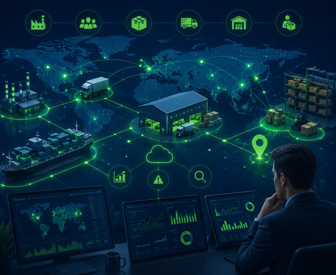 Advanced supply chain visibility and decision-making illustration featuring real-time logistics monitoring dashboards, global supply chain networks, warehouse visibility systems, transportation tracking, inventory monitoring, operational analytics, and enterprise decision-support technologies in InventicX navy blue and green branding colors.